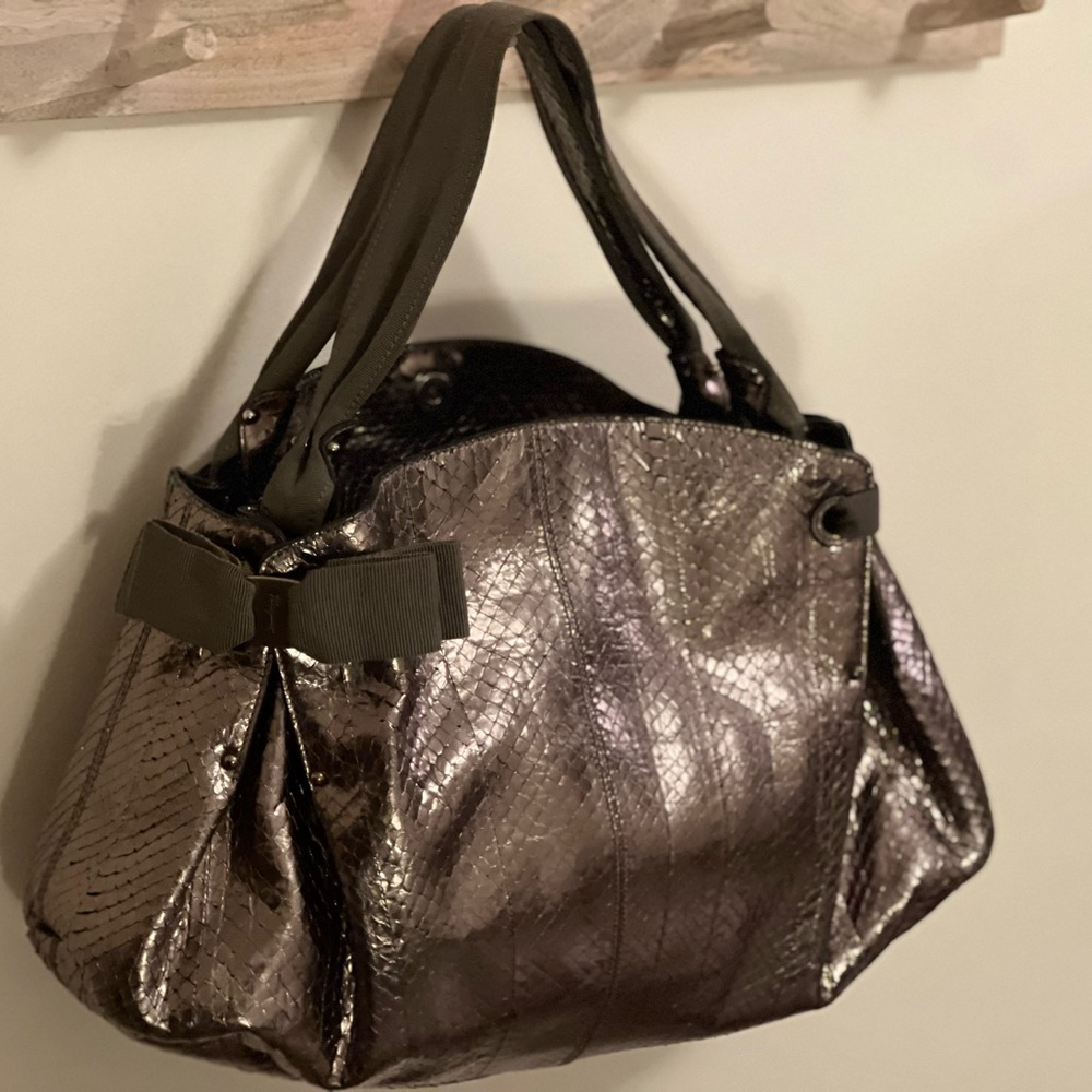 SALVATORE FERRAGAMO MISS VARA BOW METALLIC PYTHON SATCHEL